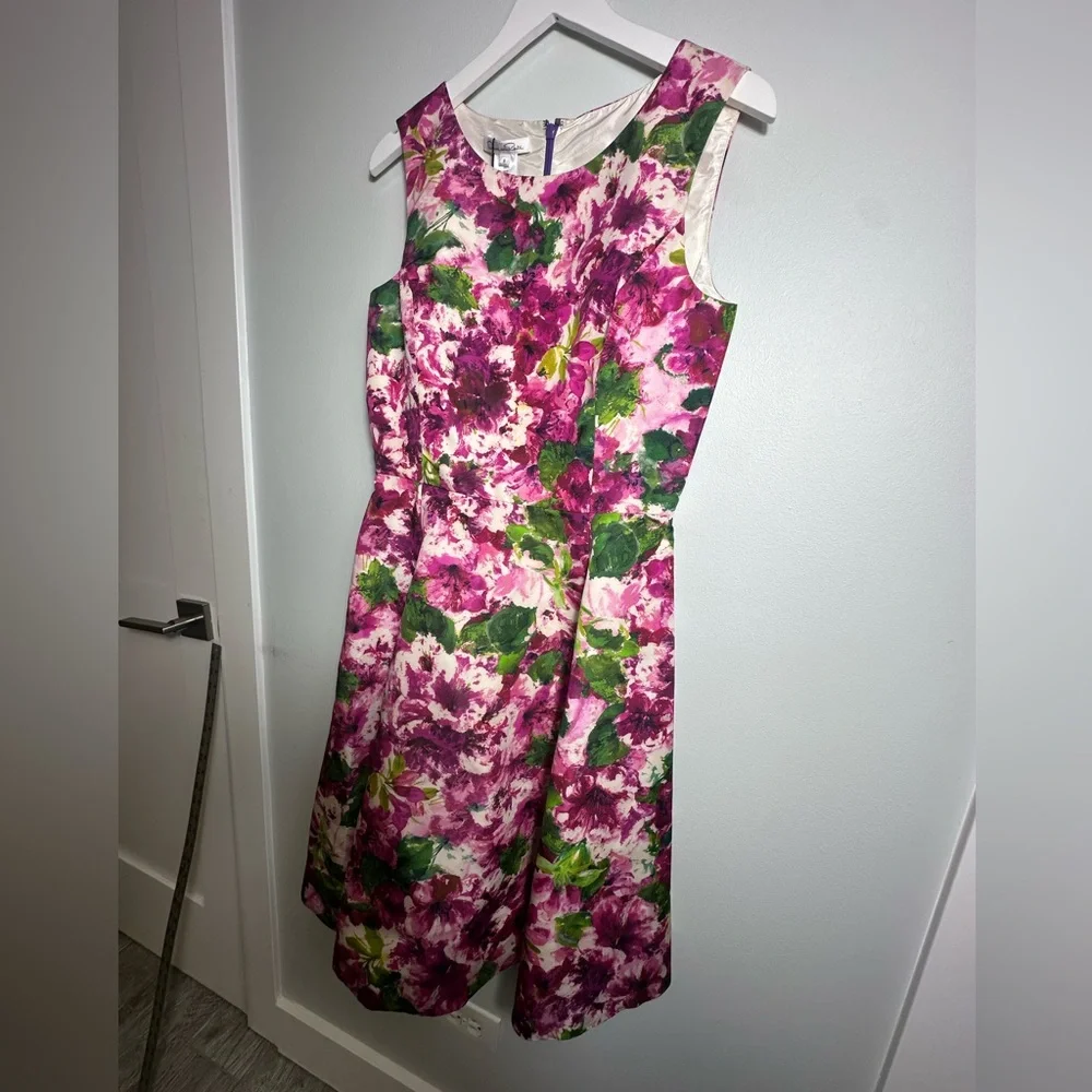 Oscar de la Renta Silk Floral Party Poplin Fit & Flare  Cocktail Midi Dress Sz 8 - Picture 9 of 16